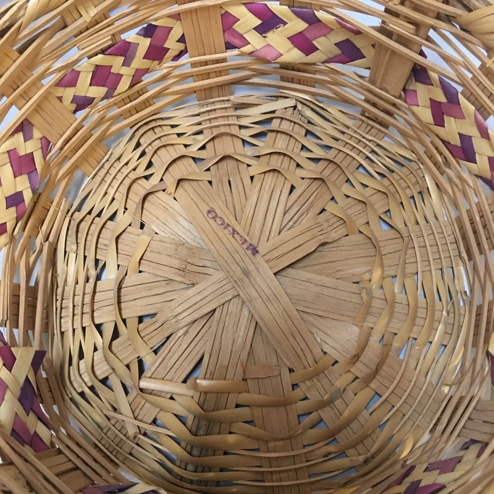 Vintage Mexican Woven Basket Handle Natural Purple Handcrafted Easter Holiday